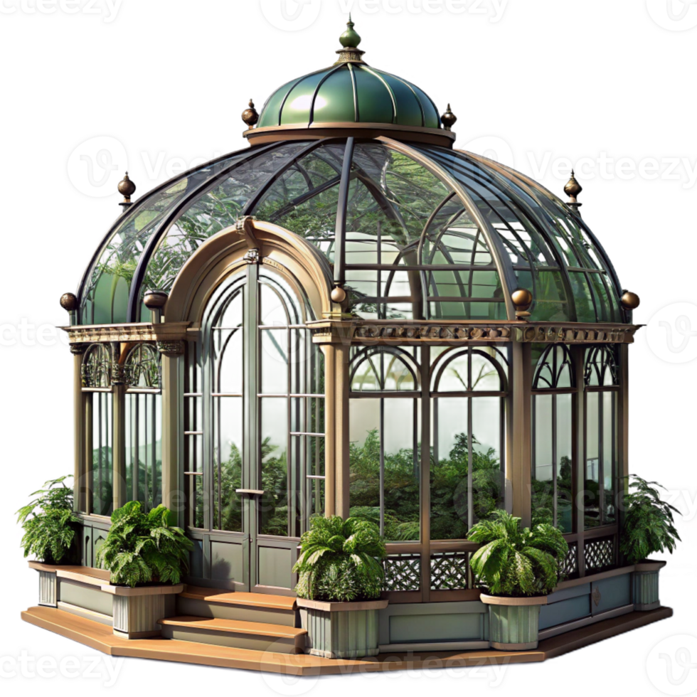 serene artistic Victorian greenhouse, ornate iron and glass structure, lush plants, warm sunlight, Victorian architecture high resolution png