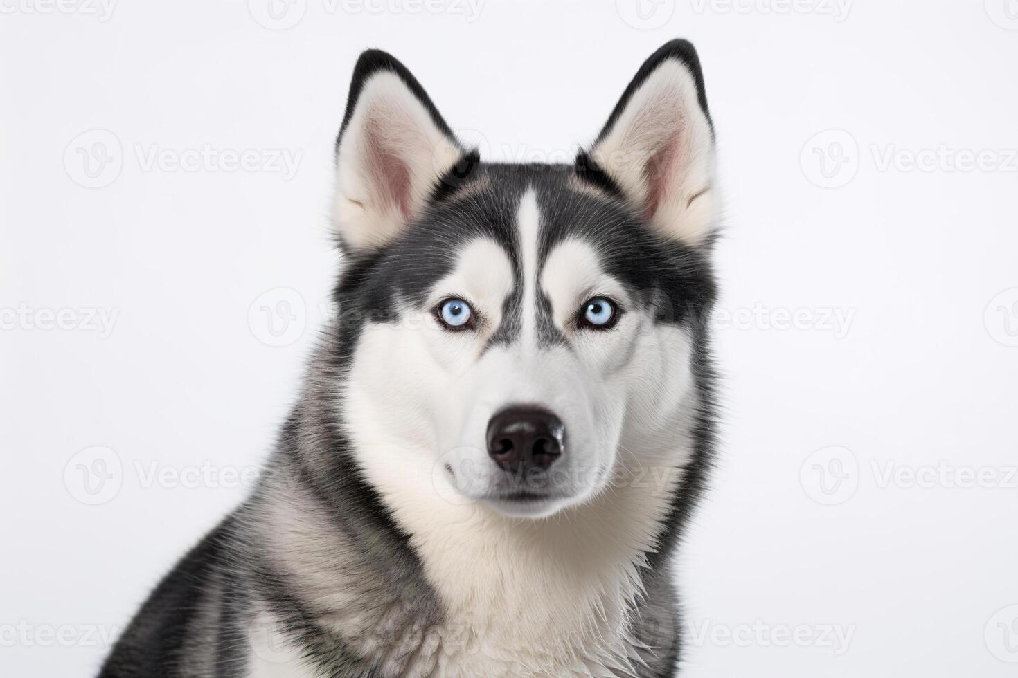 A husky dog with blue eyes sitting in front of a white background photo