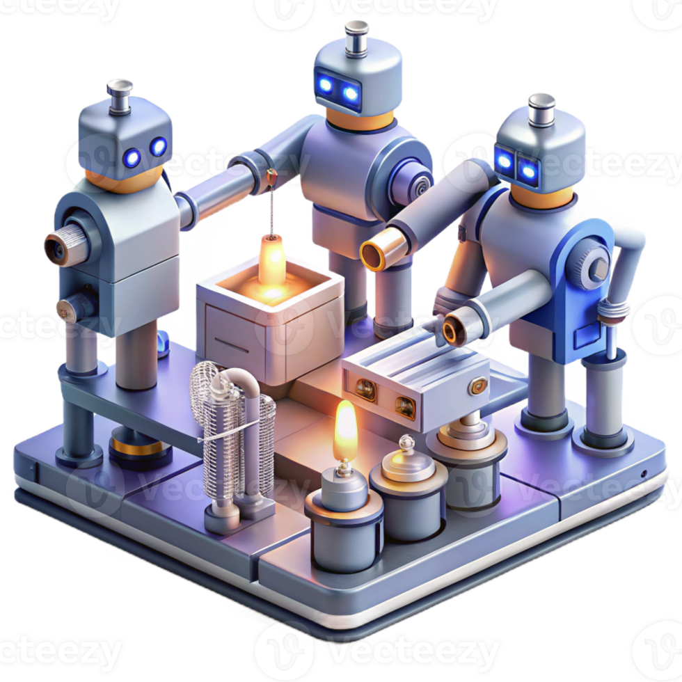 A group of robots working in a futuristic factory, assembling complex machinery, illuminated by the warm glow of industrial lighting. Sci-fi style, photorealistic render png