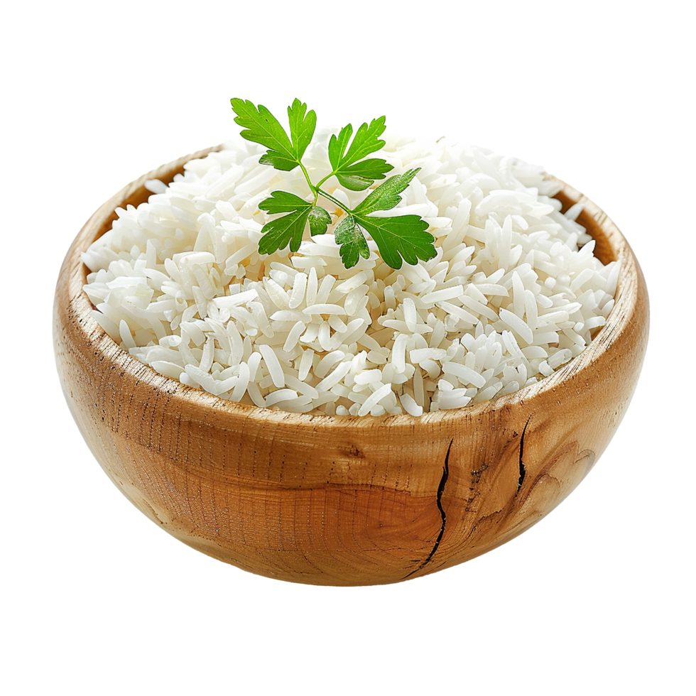 Wooden Bowl of White Rice Garnish of Parsley, png