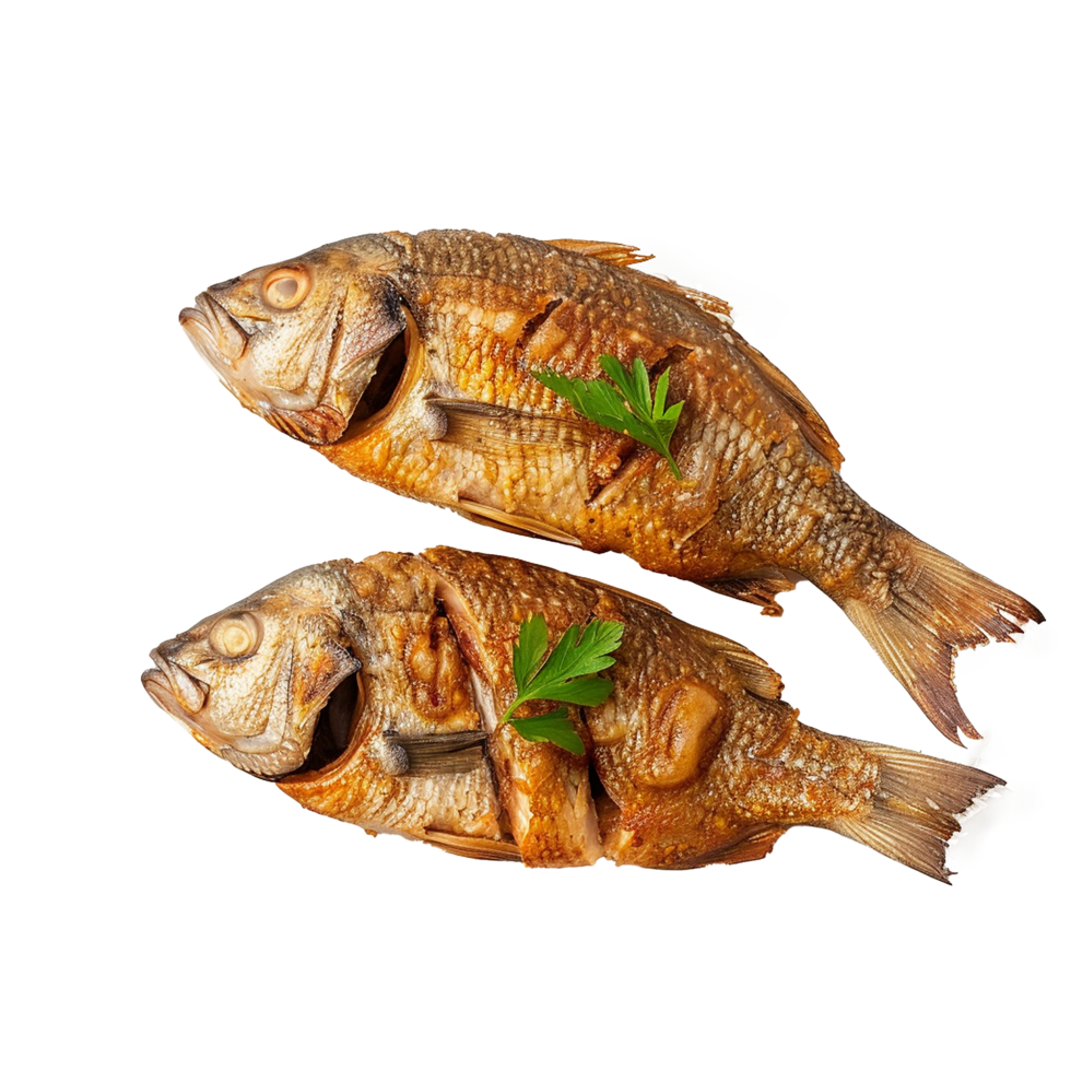 Two Fried Fish Garnish with Parsley Delicious Seafood Meal png