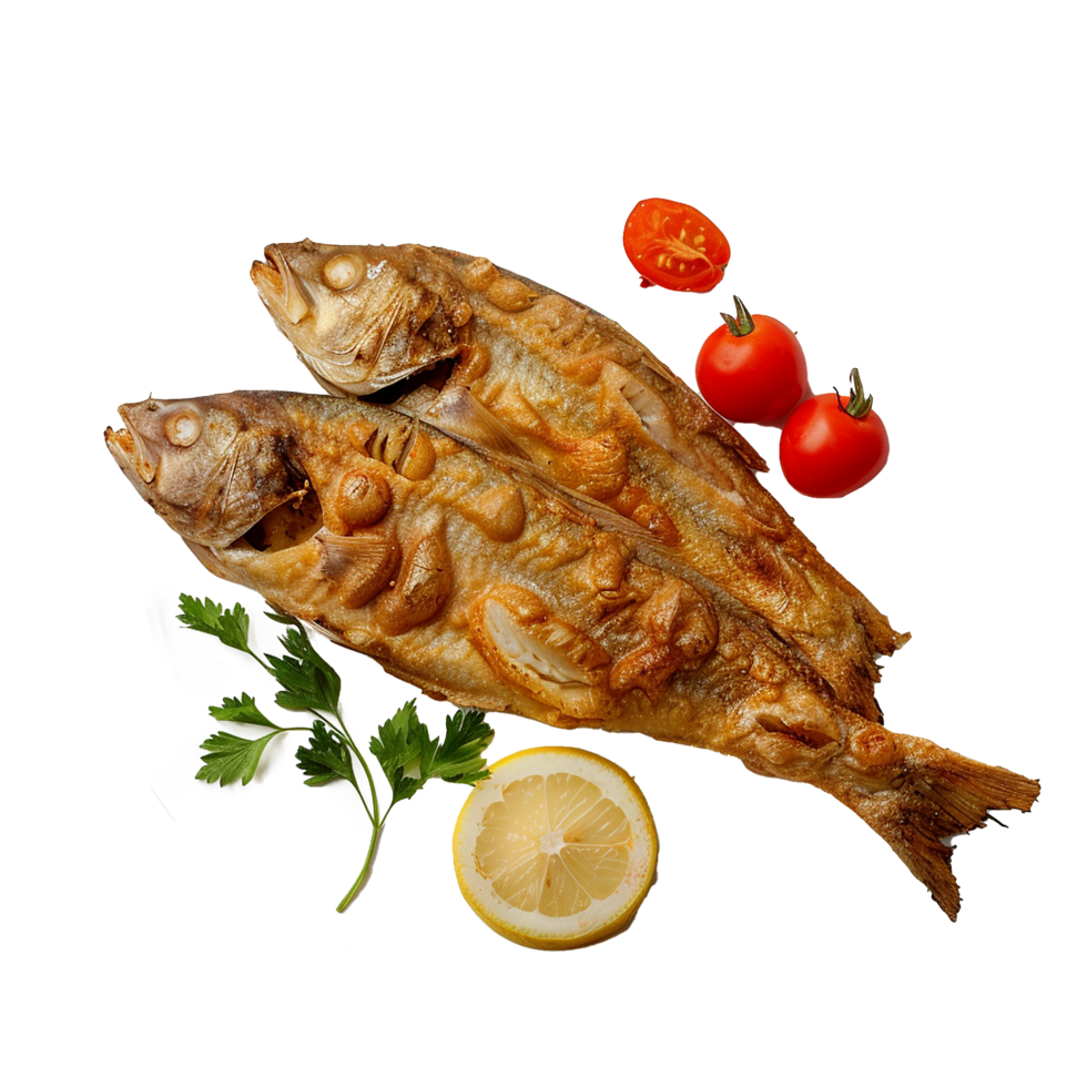 Delicious Fried Fish Dish with Lemon and Tomatoes png
