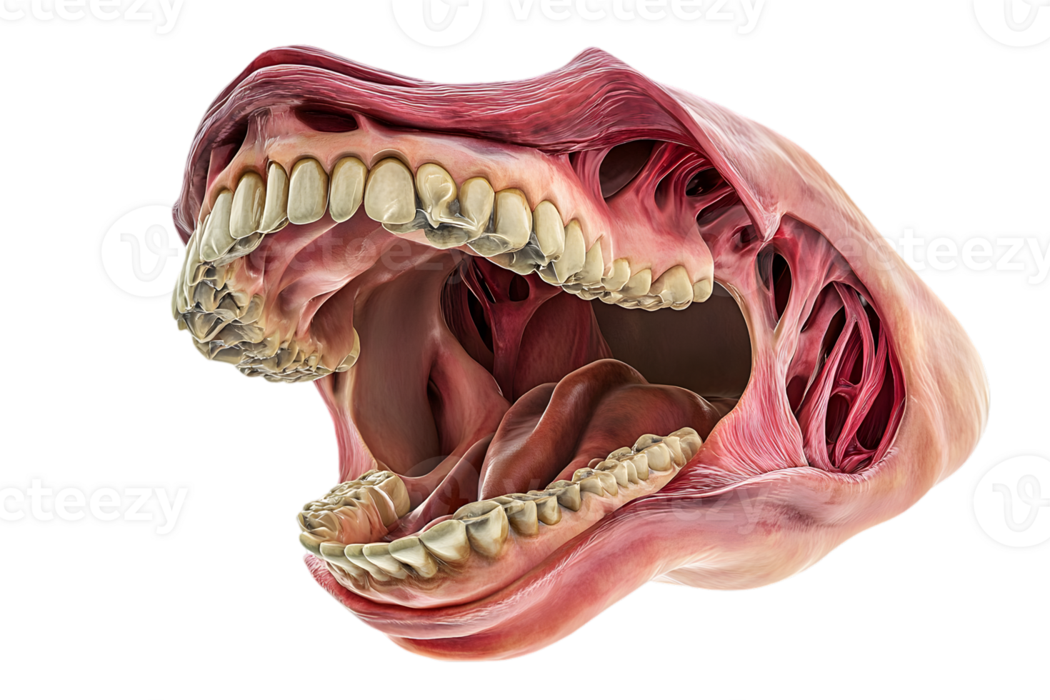 Anatomical Cross Section of Open Mouth with Teeth Tongue and Jaw on Transparent Background png