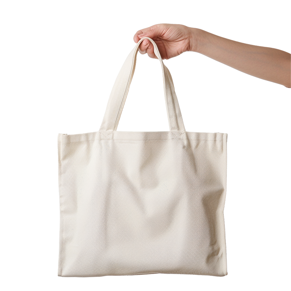 Hand holding a beige tote bag simple design mockup png