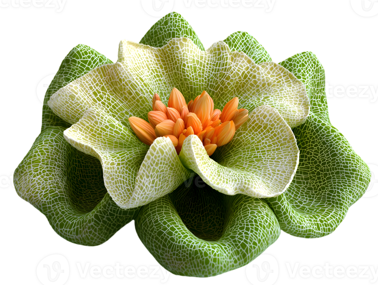 Abstract Pixelated Green and Orange Flower with Petal Texture on Transparent Background Artificial Three Dimensional Blossom png