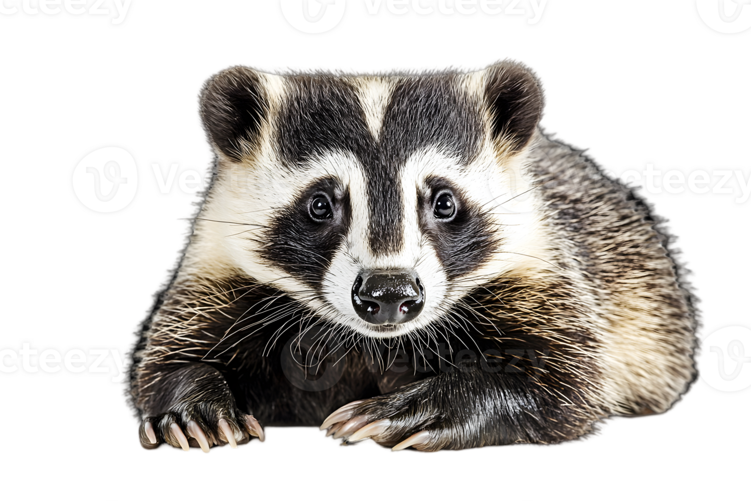 Adorable Badger Lying Down Isolated with Transparent Background in Studio Setting with Striped Pattern and White and Black Color png