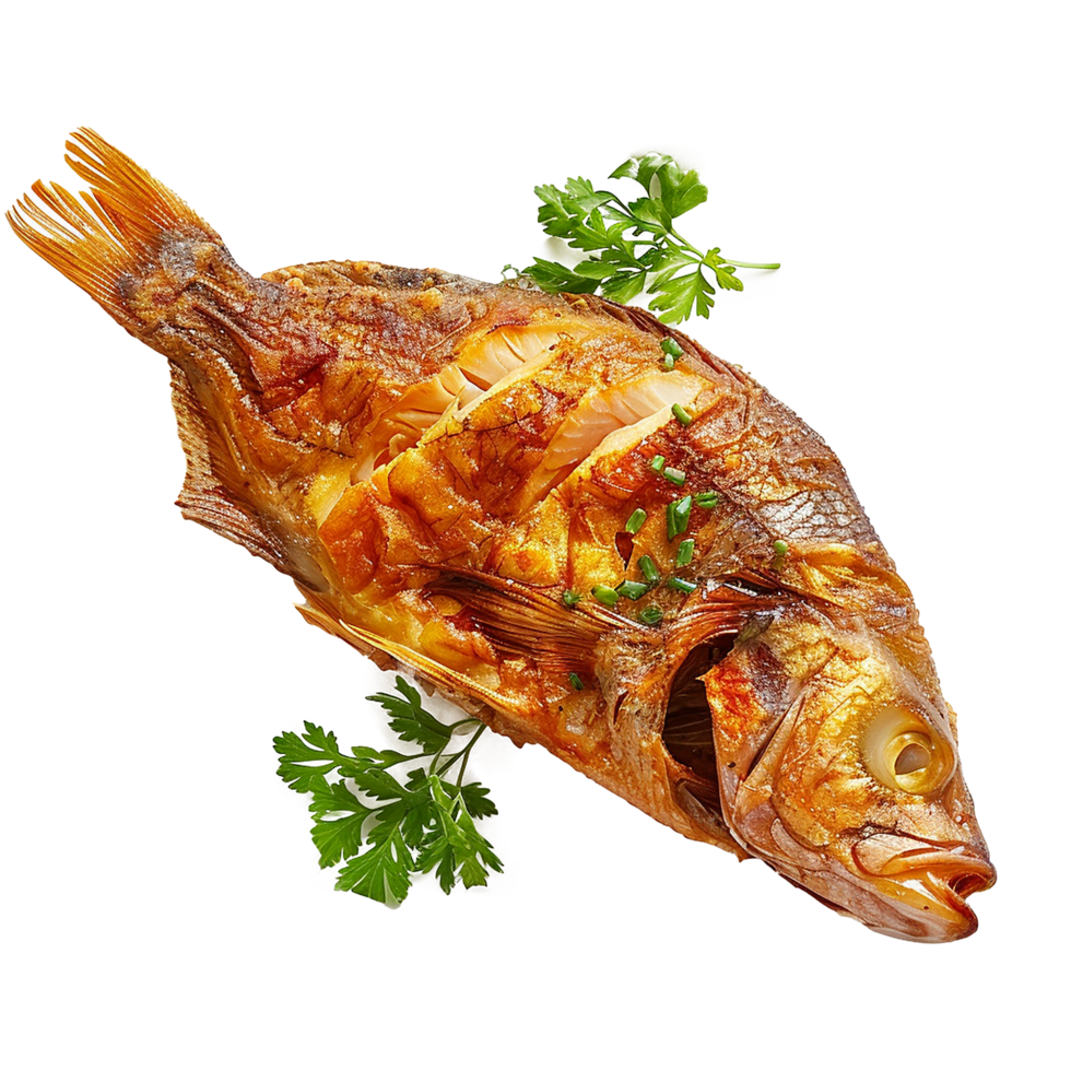 Roasted fish garnished with parsley and chives delicious meal png