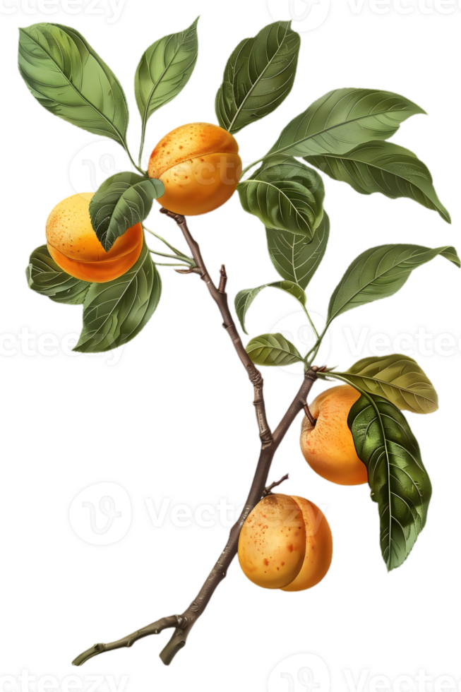 Apricot Branch with Ripe Yellow Fruits and Green Leaves on Transparent Background Botanical Illustration png