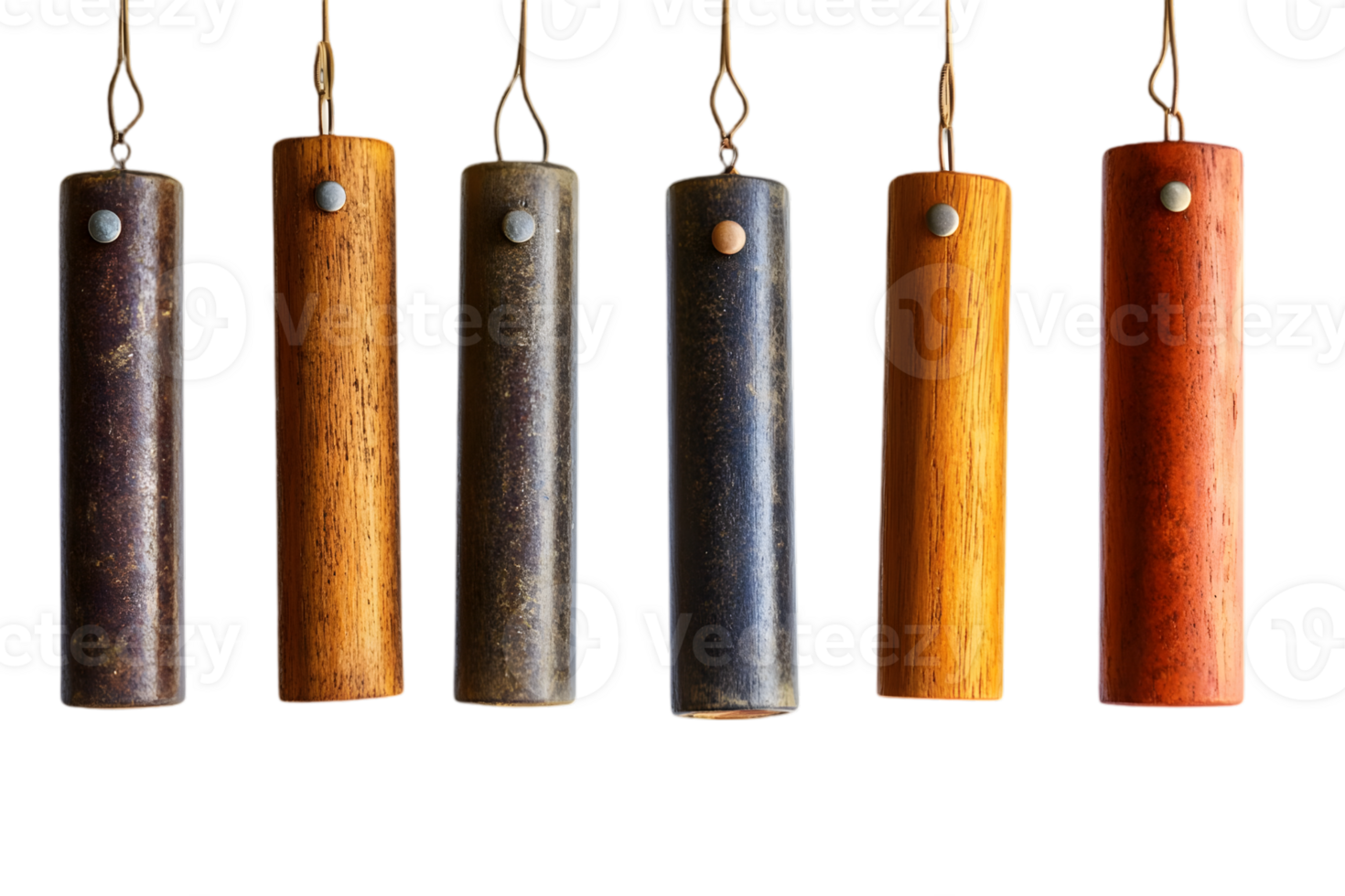 Assorted Cylindrical Wood Ornaments Hanging Against Black Background with Metallic Hooks Detailed Textures and Rustic Designs png