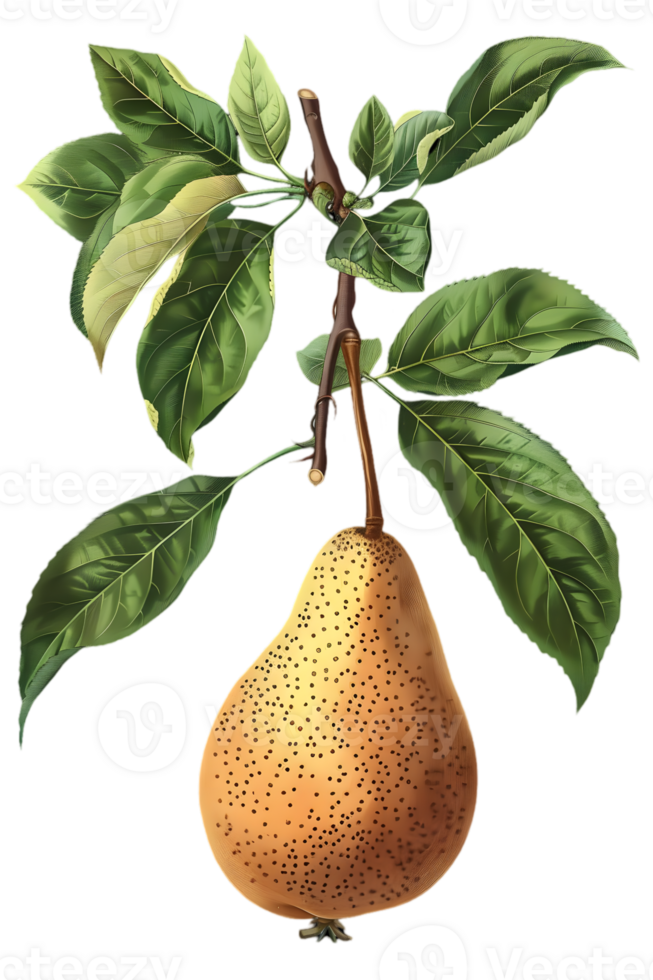 Antique Pear Branch with Green Leaves and Yellow Fruit on a Transparent Background Detailed Botanical Illustration png