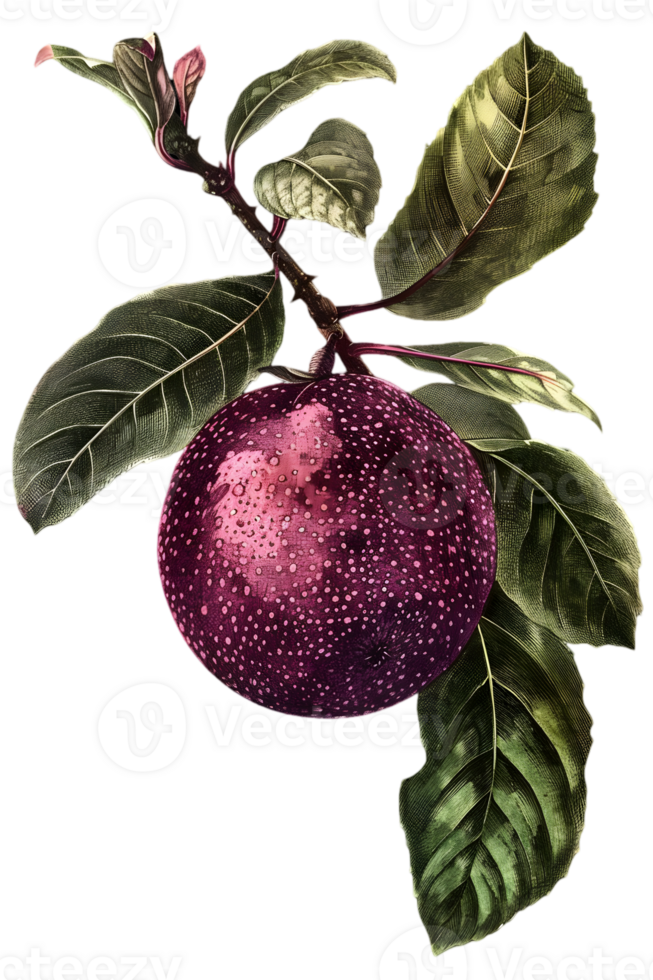 Artistic Plum Fruit with Green Leaves on Transparent Background Detailed Isolated Fruit Still Life Botanical Illustration of Ripe Plum Branch Design png