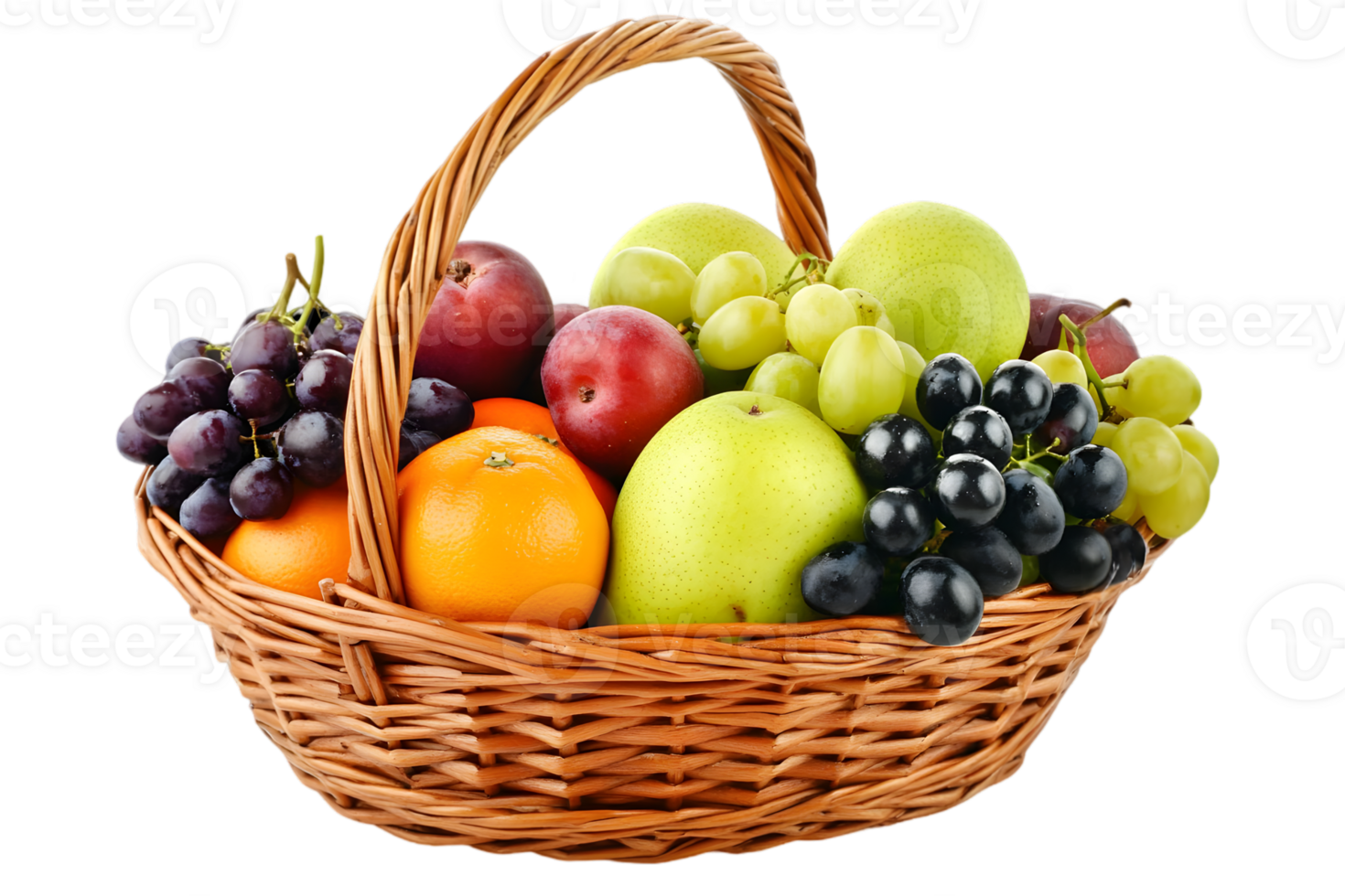 Basket Filled with Fresh Assorted Fruits Grapes Apples Plums and Mandarins on Transparent Background png