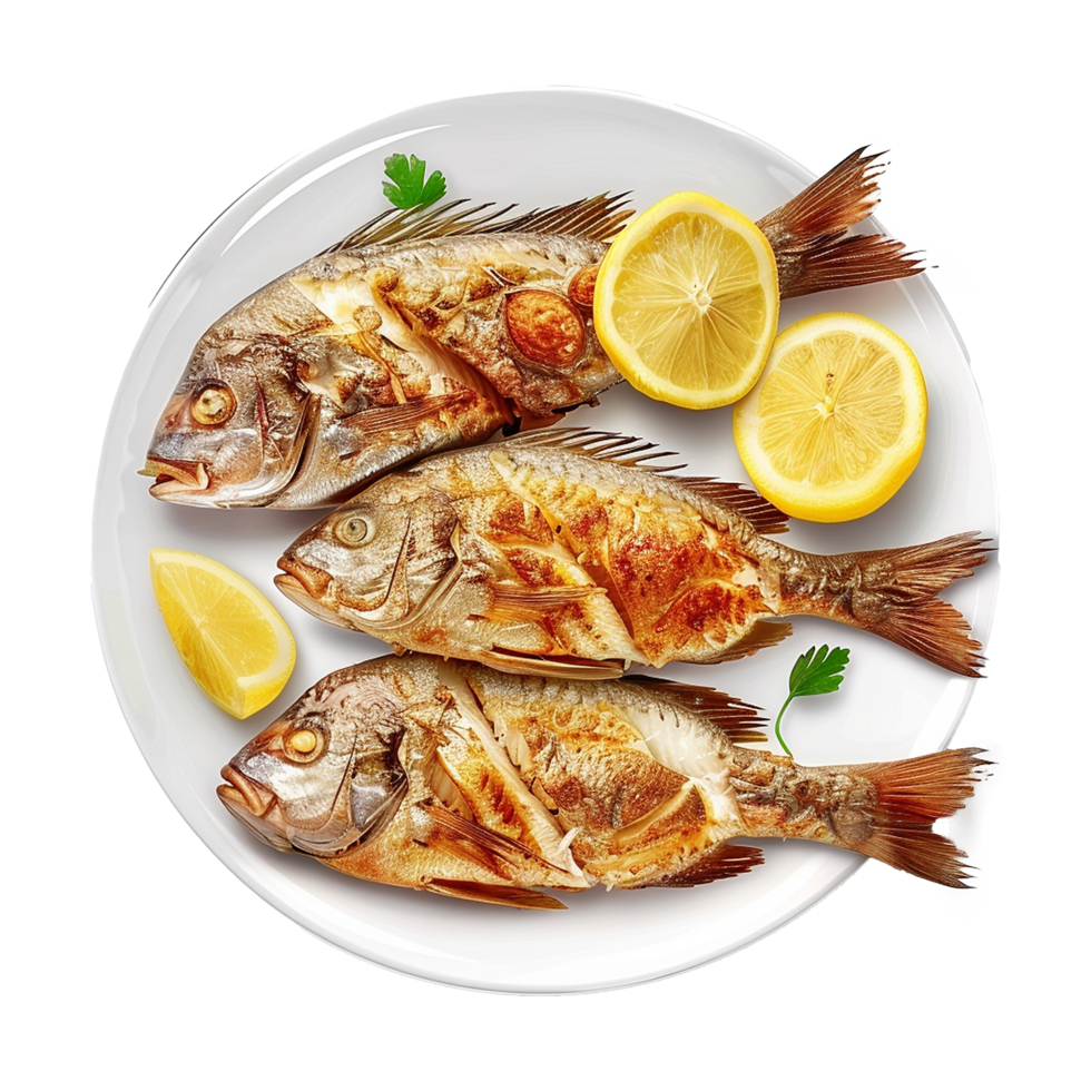 Grilled fish with lemon slices on a white plate delicious seafood meal png