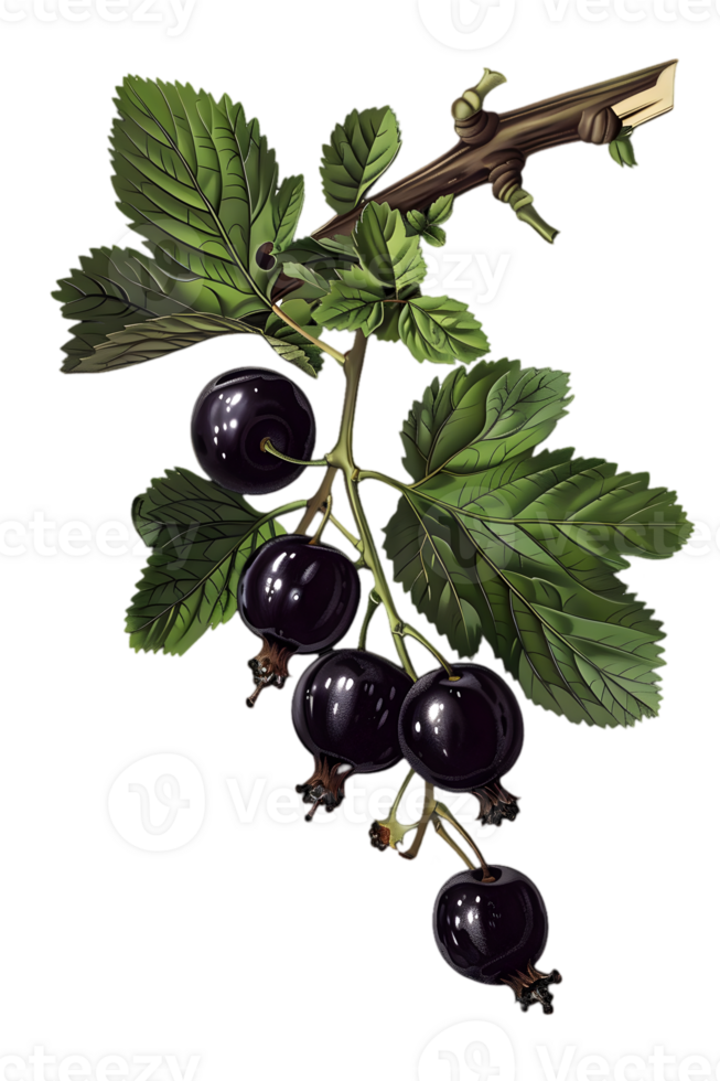 Blackcurrant Branch with Green Leaves and Dark Ripe Berries Isolated on Transparent Background Decorative Botanical Illustration png