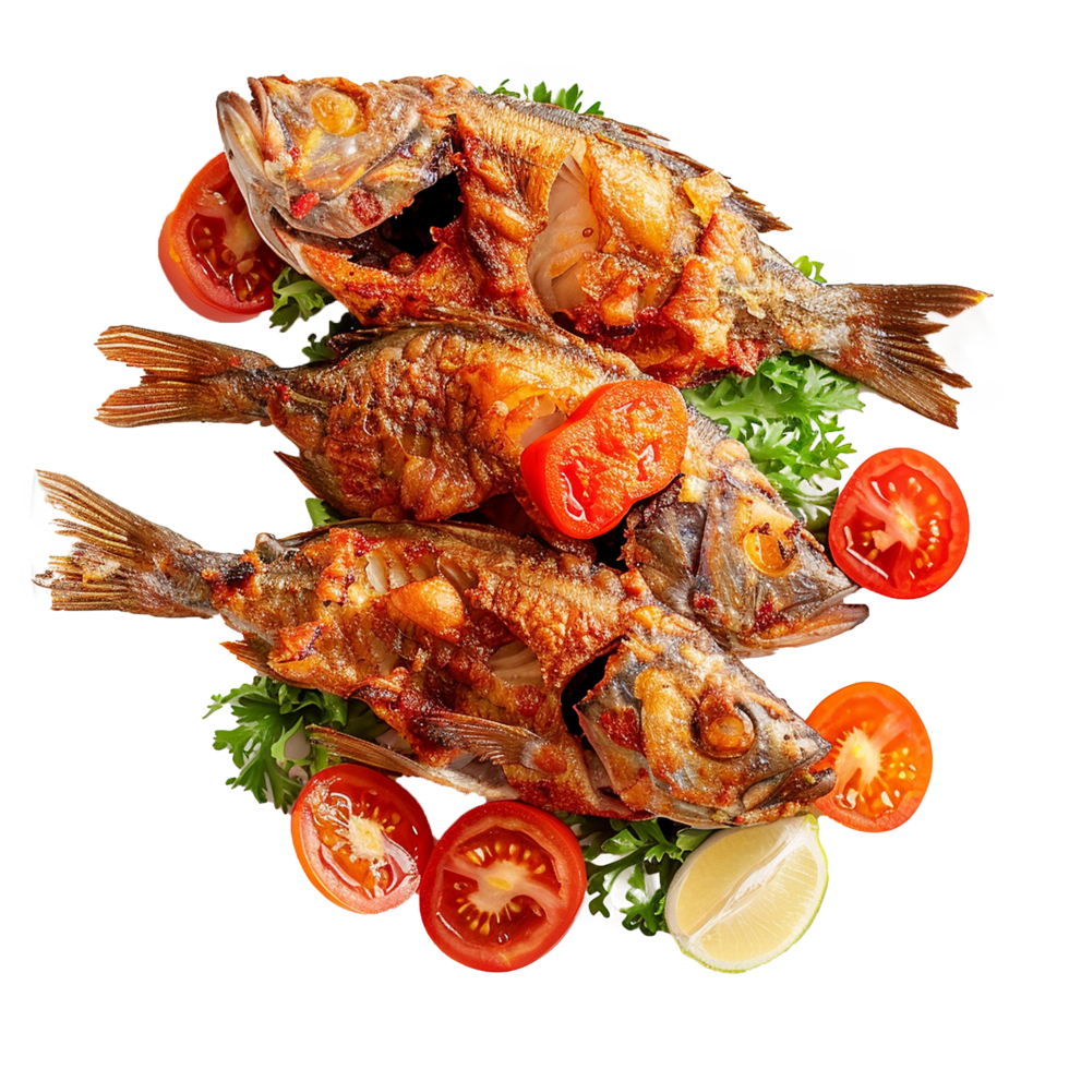 Delicious Fried Fish Dish with Tomatoes and Lemon png
