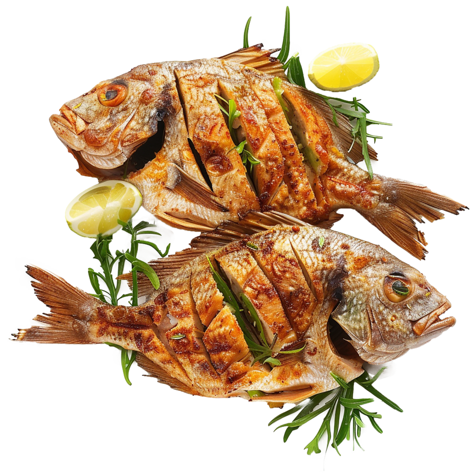 Grilled fish delicious seafood meal lemon garnish rosemary herbs png