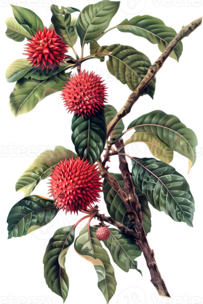 Botanical Illustration of a Branch with Red Spiky Fruit and Green Leaves on Transparent Background png