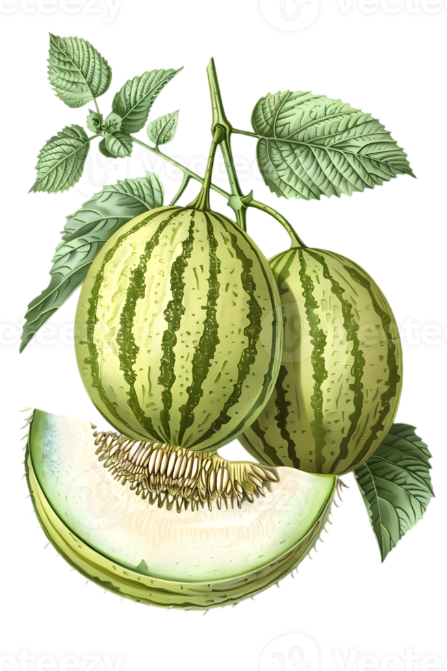 Botanical Illustration of Cantaloupe Melons with Green and Yellow Stripes with Slice Showing Seeds on Transparent Background png