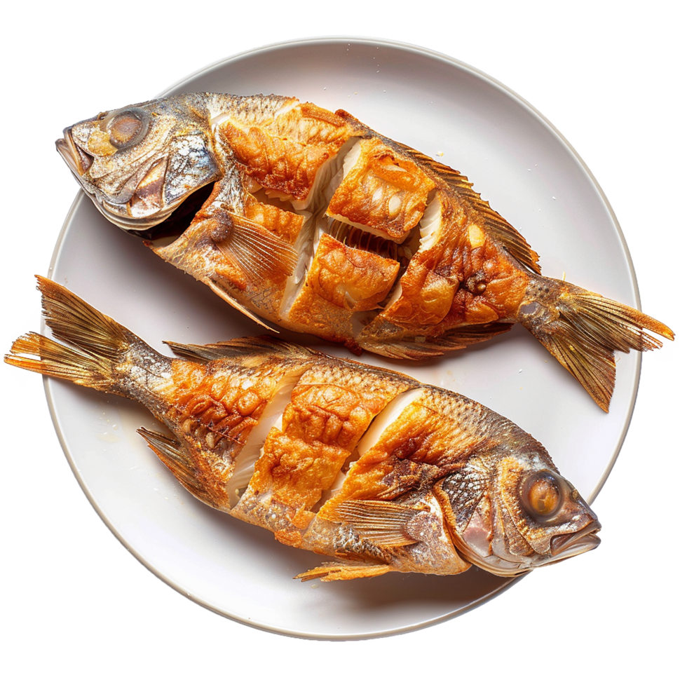 Two Crispy Fried Fish on Plate Delicious Seafood Meal png