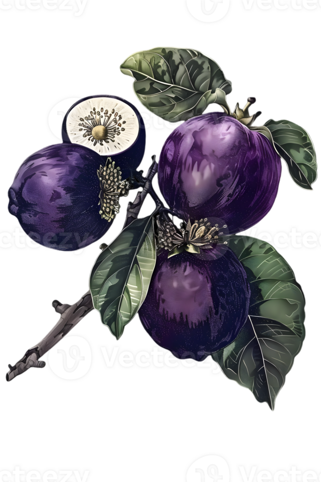 Botanical Illustration of Purple Plums on Branch with Green Leaves Against Transparent Background png
