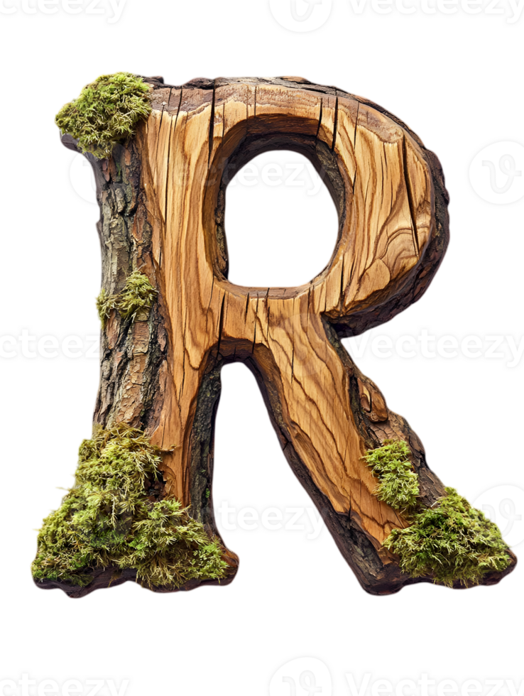 Capital Letter R Crafted from Wood with Moss Accents on Transparent Backdrop png