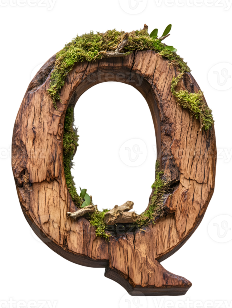 Capital Letter Q Crafted From Wood With Moss Texture and Transparent Background Isolated Design Element for Creative Compositions png