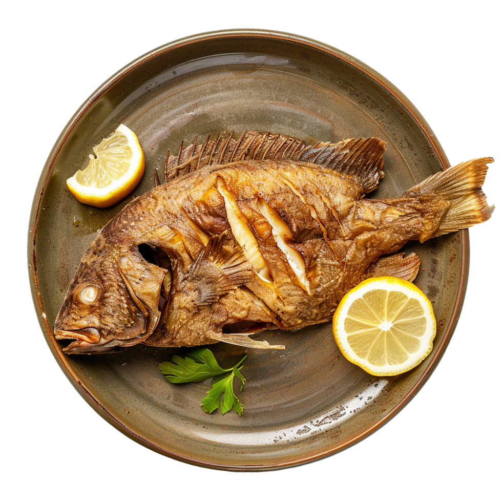Fried fish on a plate with lemon slices and parsley png