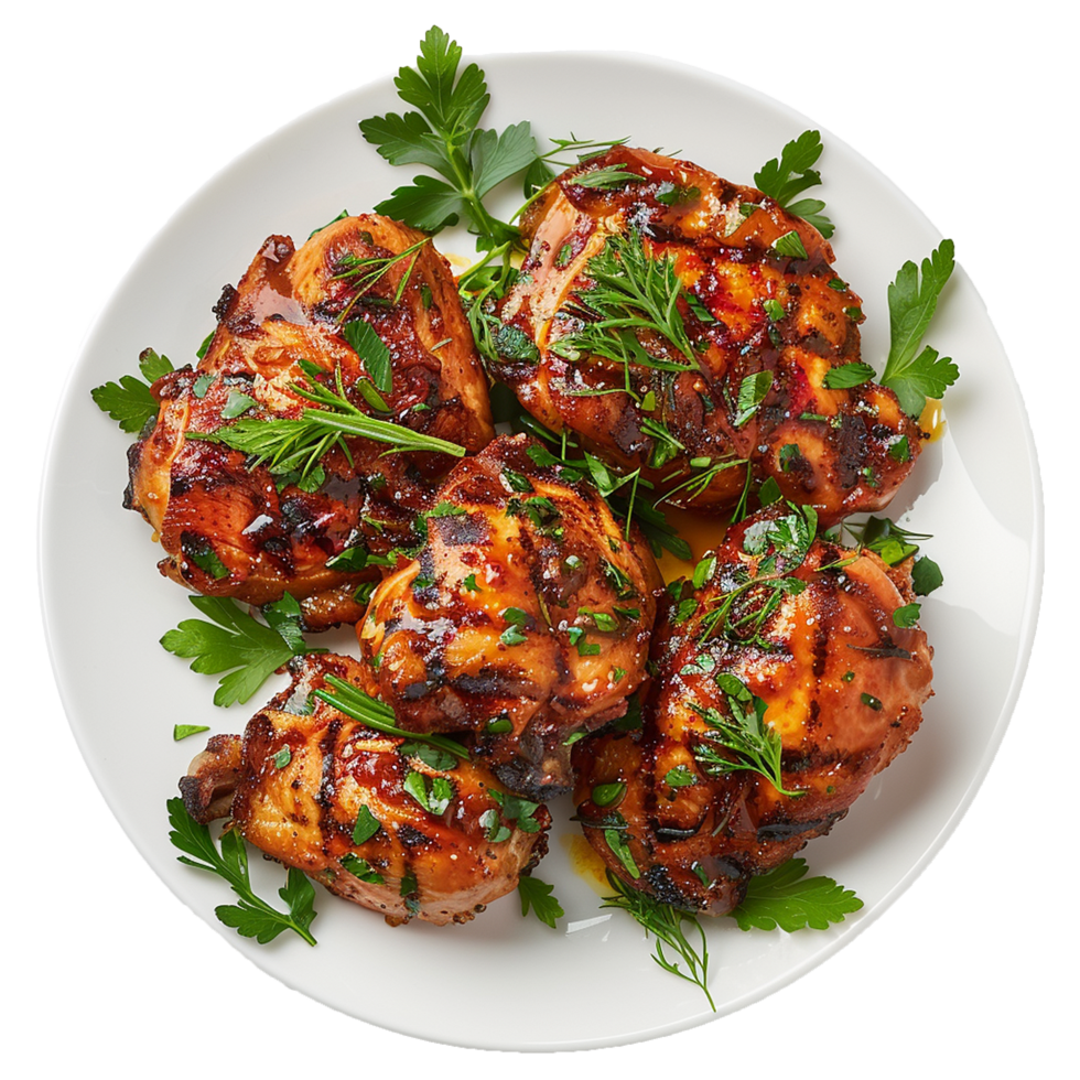 Grilled chicken pieces garnished with fresh herbs on a white plate png