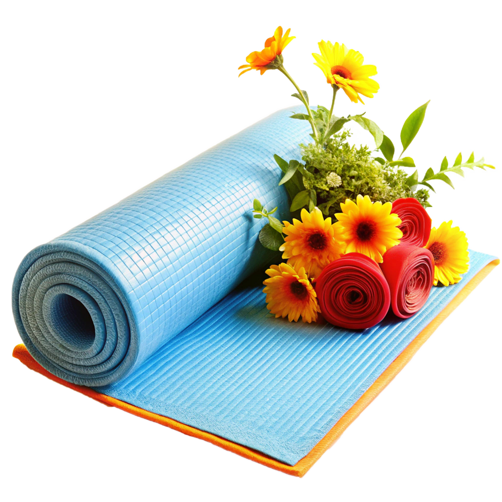 Rolled-up Light Blue Exercise Mat with Vibrant Gerbera Daisies and Red Rolled Fabric png