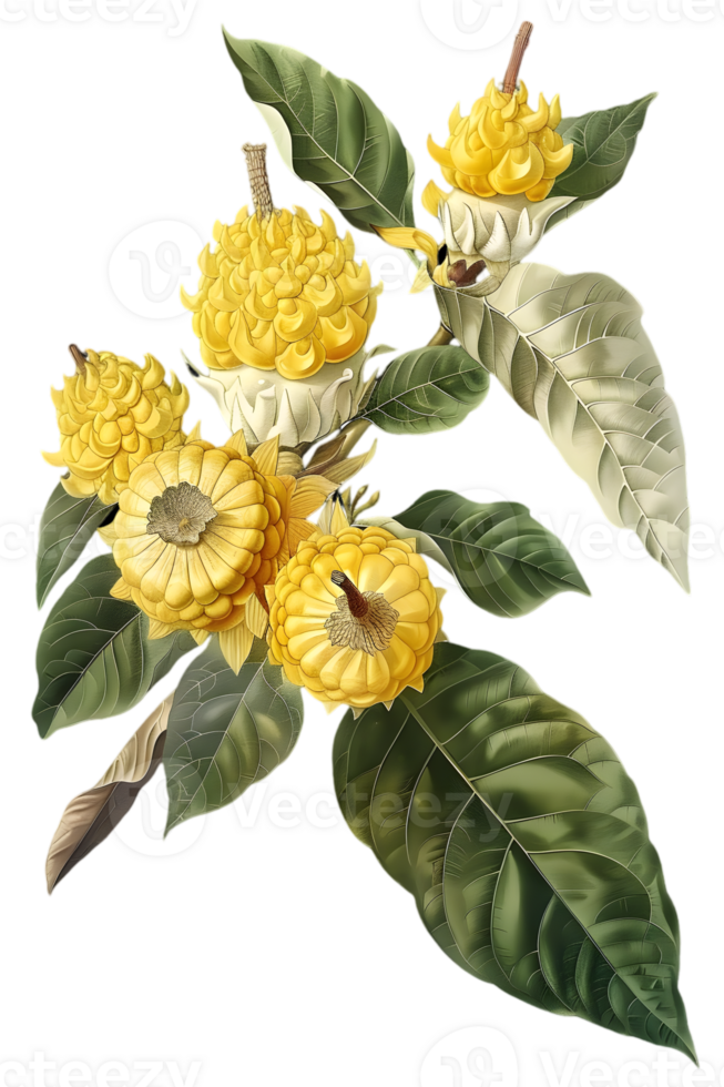 Botanical Illustration of Vibrant Yellow Flowers with Detailed Leaves on a Transparent Background Art png