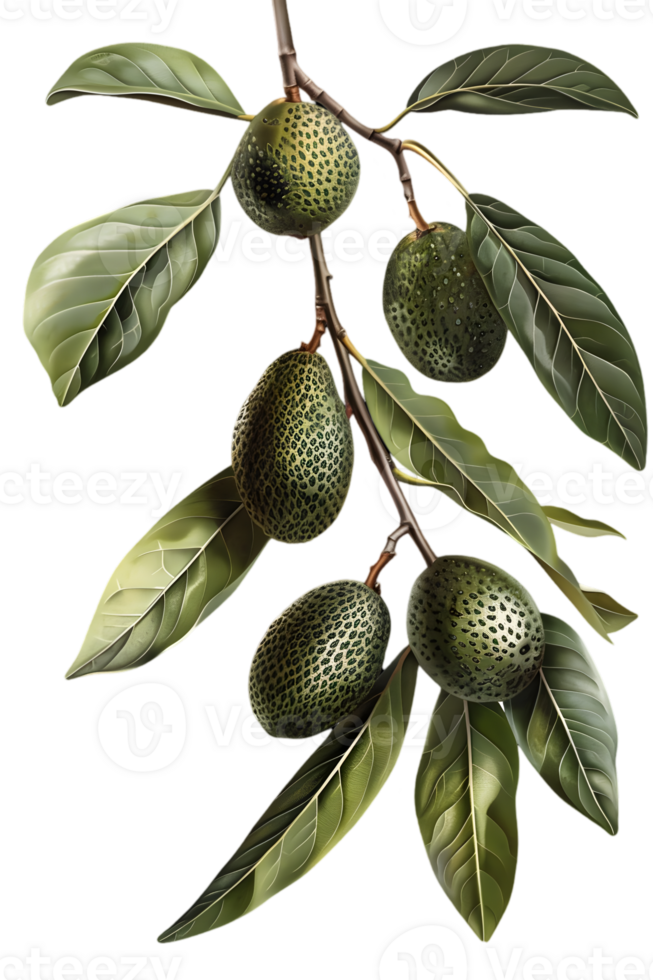 Branch with Green Avocados and Leaves on Transparent Background Botanical Illustration Close Up with Intricate Foliage Details png