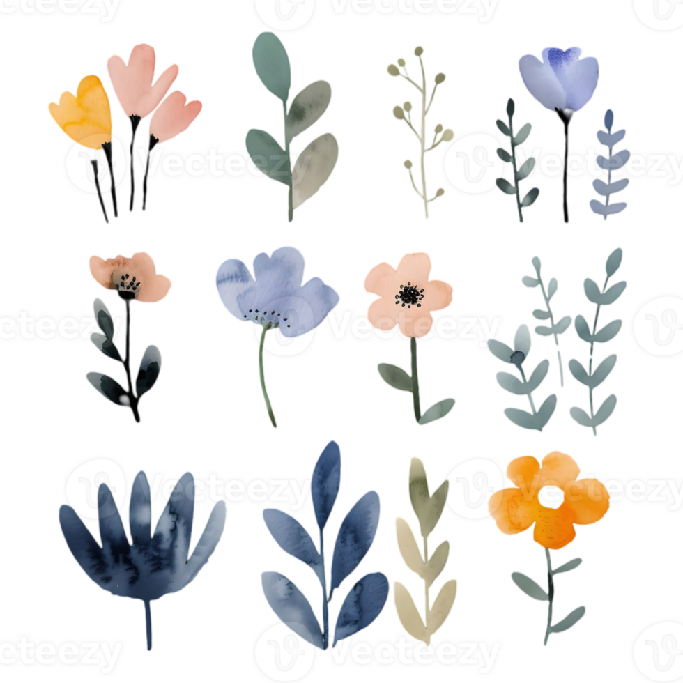 Botanical Watercolor Flowers and Leaves Isolated on Transparent Background for Design Projects and Creative Compositions Decoration Element png