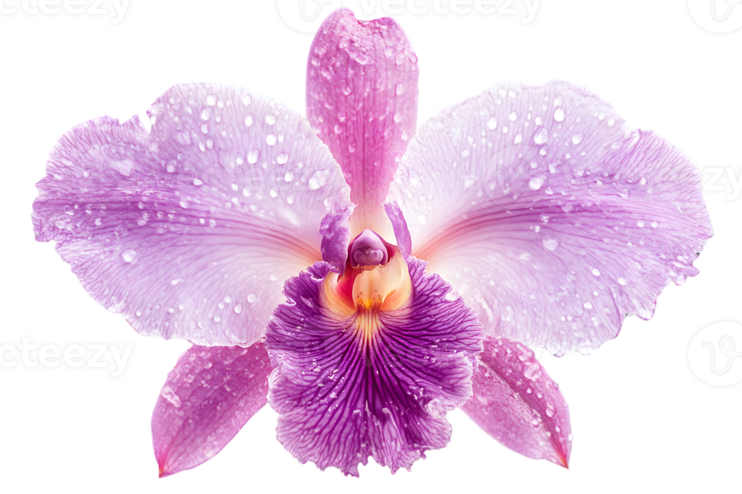 Close Up of a Pink and Purple Orchid with Water Droplets on Transparent Background Showing Delicate Petals and Floral Details png