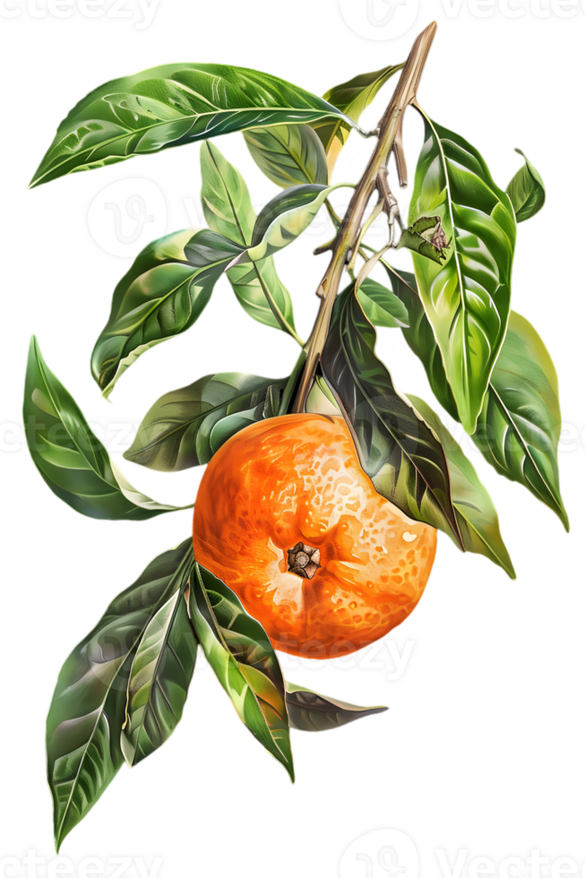 Close Up Mandarin Branch with Lush Green Leaves on Transparent Background Isolated Single Orange Fruit Vitamin Rich Citrus Plant Clip Art Design Element png