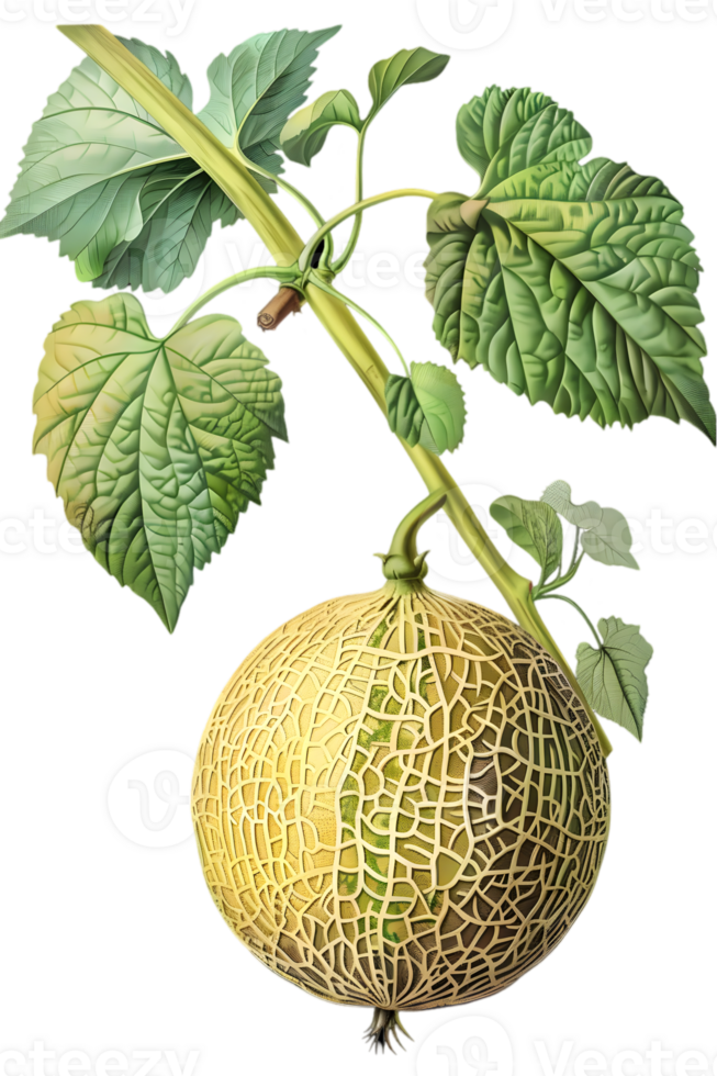 Close Up Melon with Green Leaves and Branch on Transparent Background Detailed Botanical Illustration of Sweet Fresh Cantaloupe Design Element png