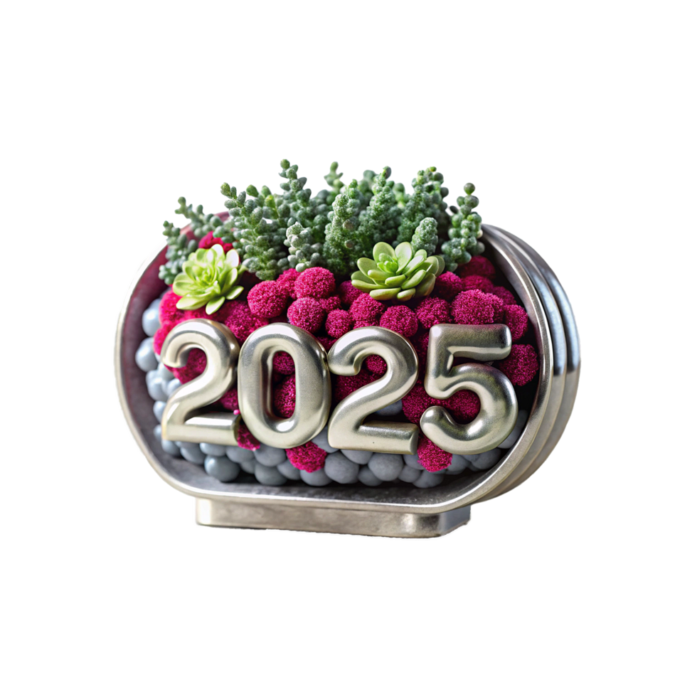 Elegant 2025 New Year Floral Arrangement with Succulents and Silver Numbers in a Modern Oval Planter png