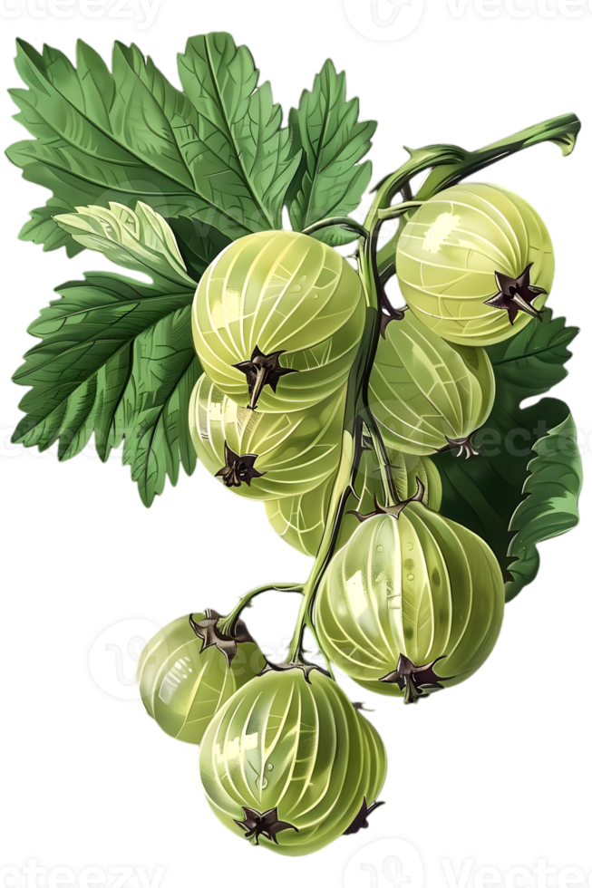 Close Up Bunch of Green Gooseberries on Branch with Leaves in Transparent Background Illustration png