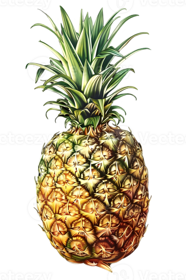 Close Up of Ripe Pineapple with Green Leaves in a Transparent Background Studio Shot png