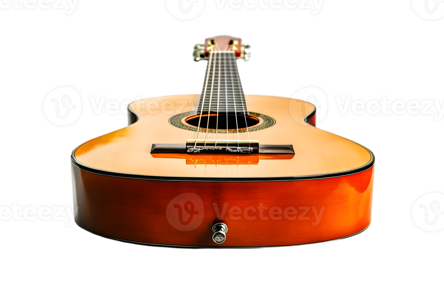 Close Up of Brown Acoustic Guitar String Instrument with Black Background Musical Theme and Wooden Texture png