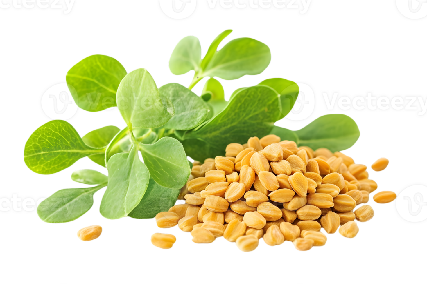 Close Up of Fenugreek Seeds and Green Leaves on Transparent Background Detailed Macro Shot of Aromatic Herb and Spice for Culinary Use png