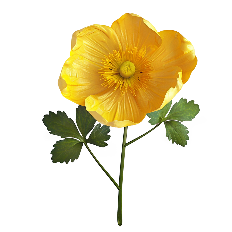 A Single Vibrant Yellow Flower with Green Leaves on a Stem png
