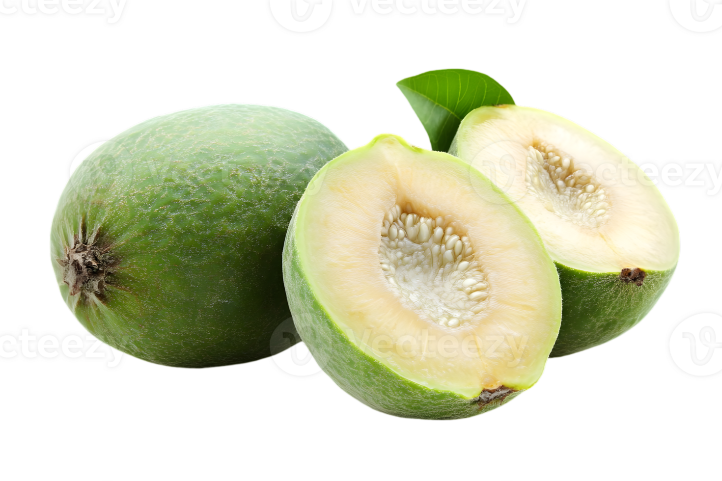 Close Up of Fresh Green Feijoa Fruits Isolated on Transparent Backdrop Featuring Detailed Textures and Half Cut Guavas png