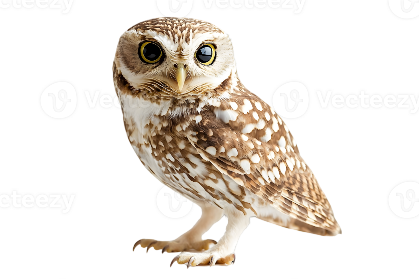 Close Up Portrait of a Burrowing Owl with Brown and White Feathers Isolated on Black Background png