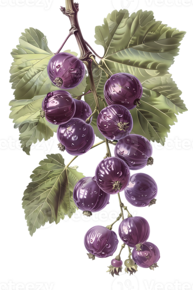 Cluster of Black Currant Berries on Branch with Green Leaves on Transparent Background Detailed Still Life Watercolor png