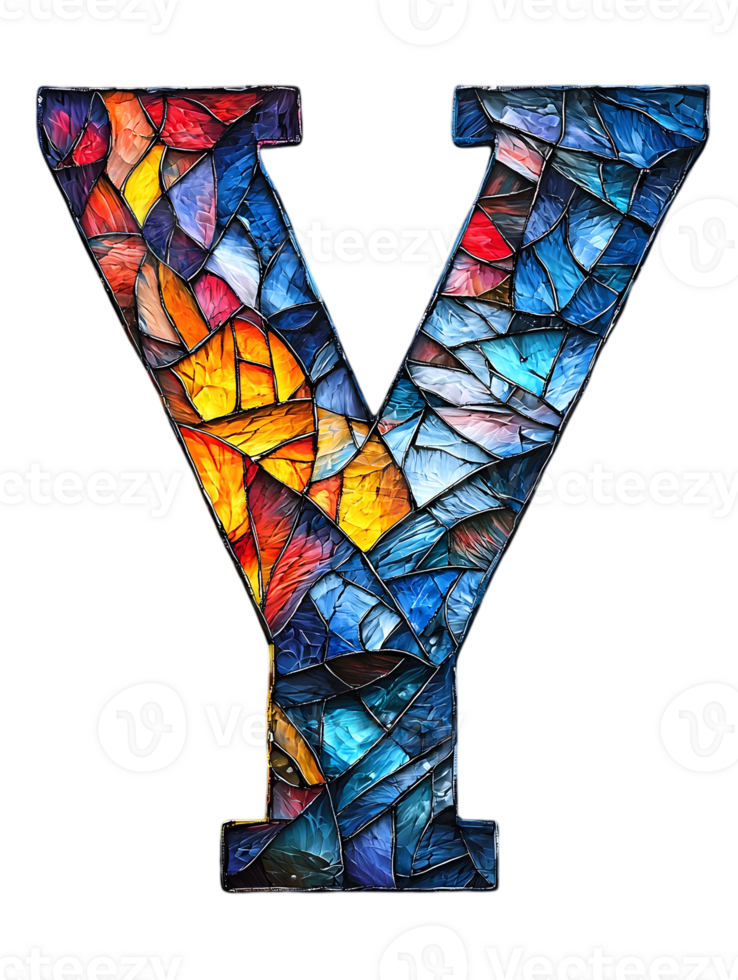 Colorful Stained Glass Mosaic Letter Y Isolated on Transparent Background with Abstract Tile Design and Artistic Typography png