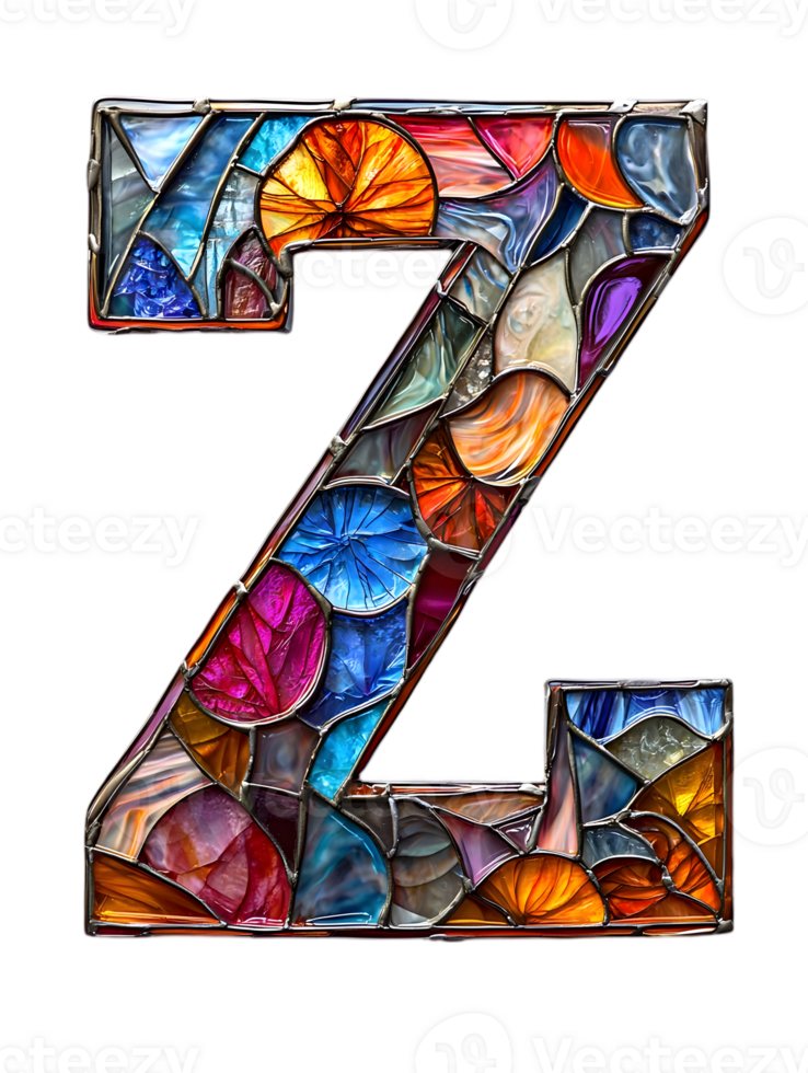Colorful Stained Glass Letter Z in Mosaic Pattern on Transparent Background Featuring Vibrant Blue Orange and Purple Hues png