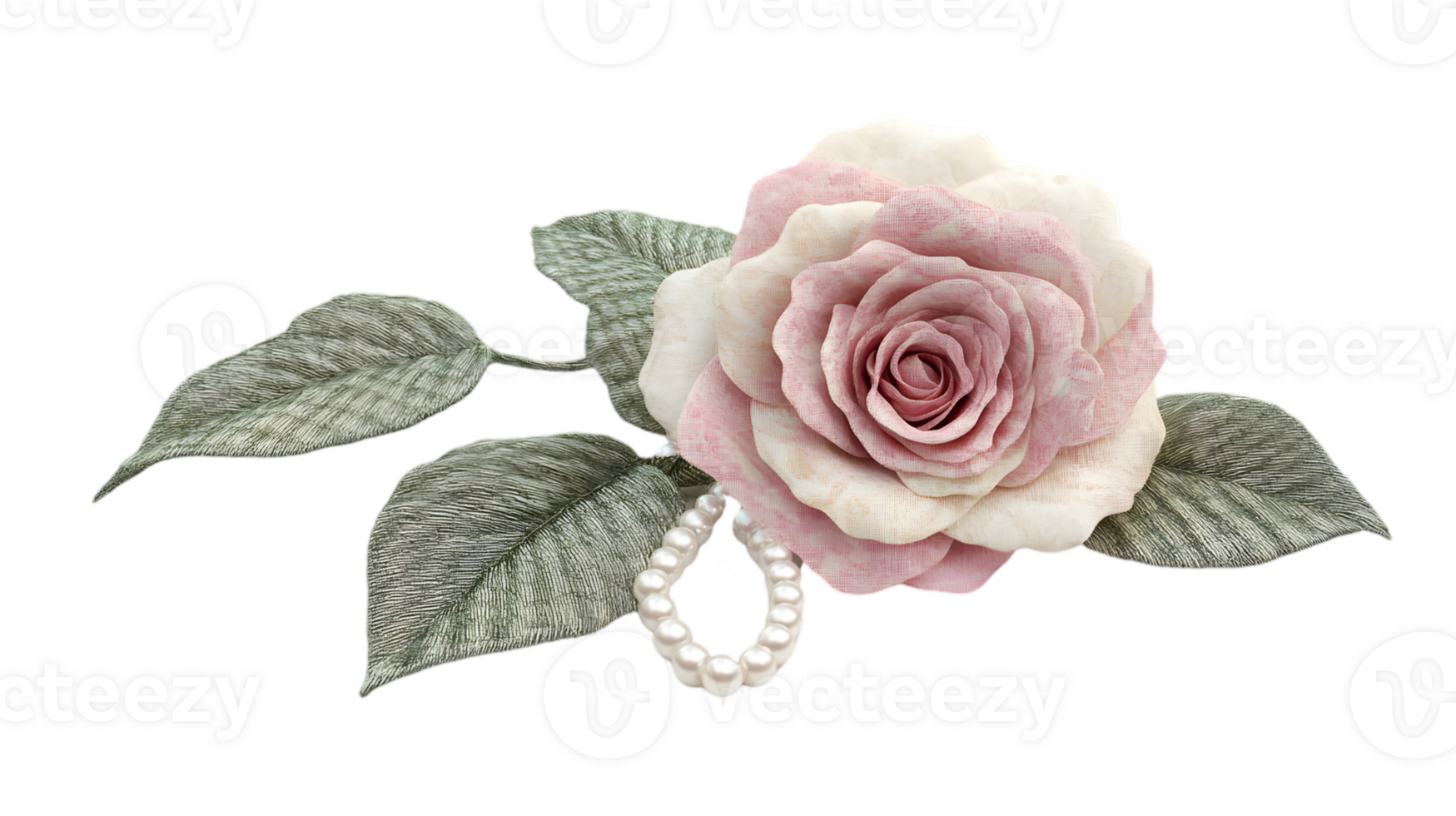 Cream Rose Bloom with Delicate Pink Highlights Pearl Strand and Verdant Leaves in Transparent Background for Floral Design png