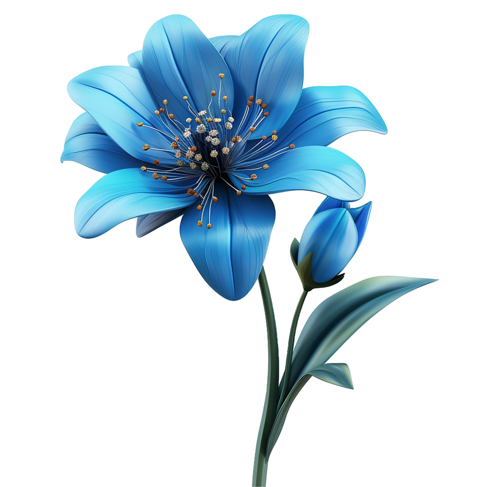 Stunning Blue Lily Flower with Bud, Vibrant Color and Smooth Petals, Digital Art Illustration png