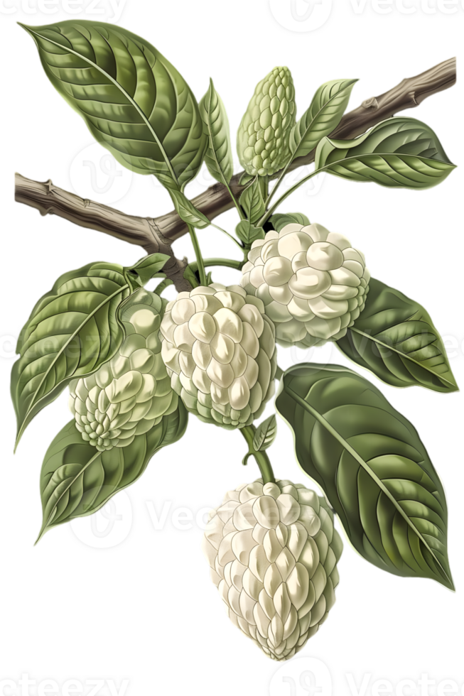 Custard Apples with Lush Green Leaves on Branch against Transparent Background Tropical Fruit Still Life Illustration png