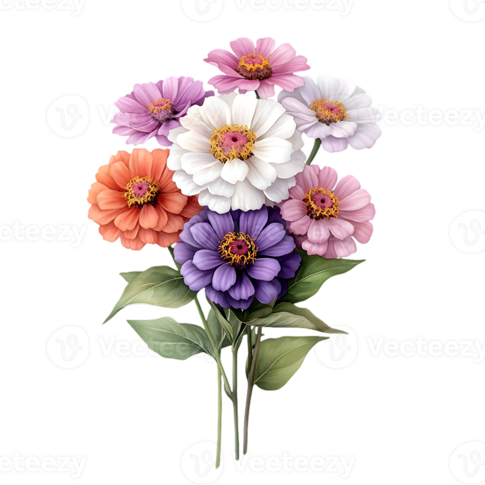 Colorful Zinnia Bouquet Watercolor Illustration Isolated on Transparent Background Featuring Blooms Petals and Green Leaves png